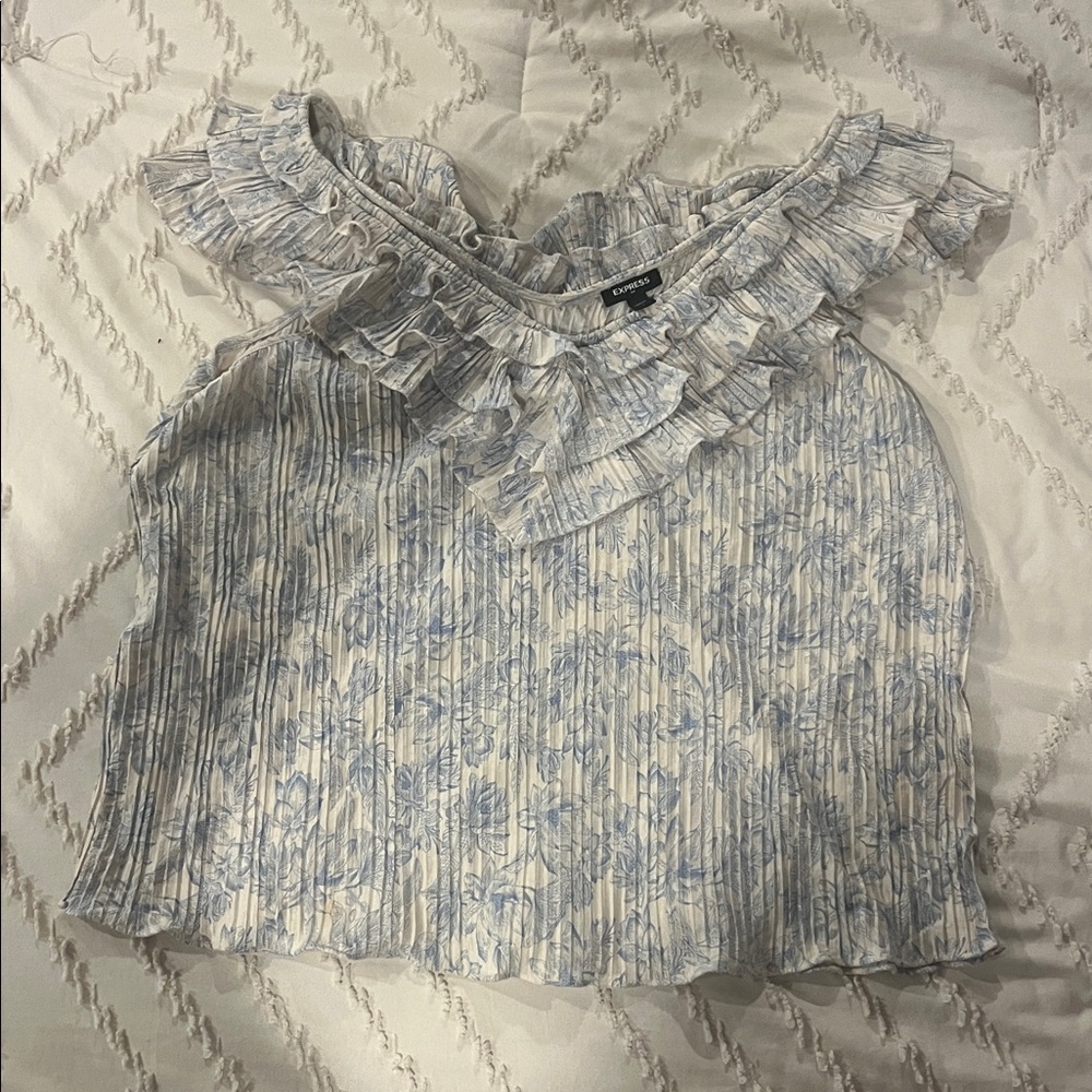 Express Blue Floral Ruffle Top